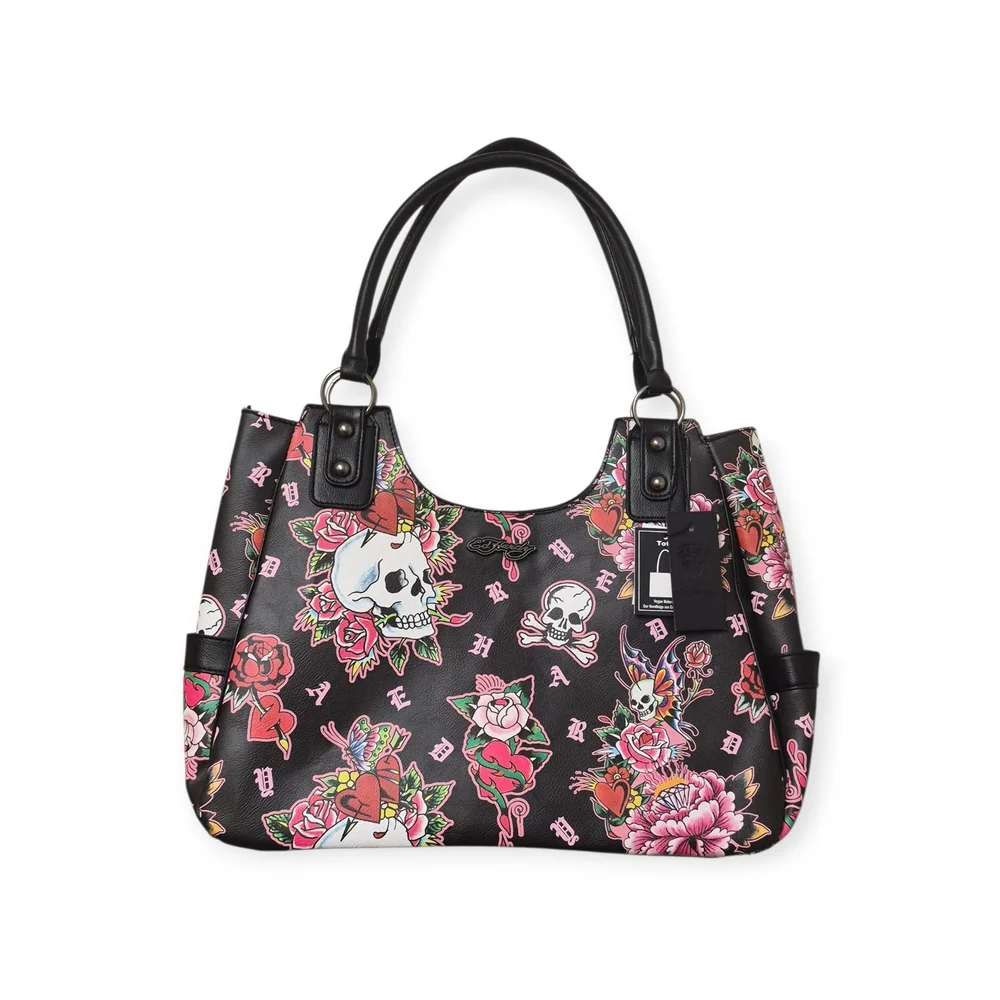 Skull & Floral Print Black Shoulder Tote